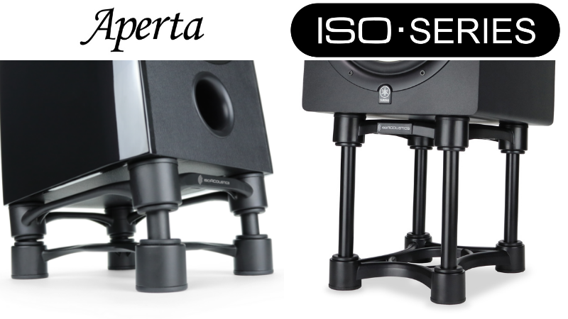 Aperta series stand with speaker to the left of ISO-series stand with speaker